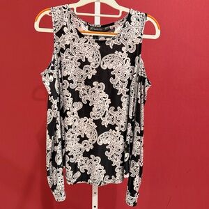 INC International Concepts Black and White Paisley Cold-Shoulder Top
